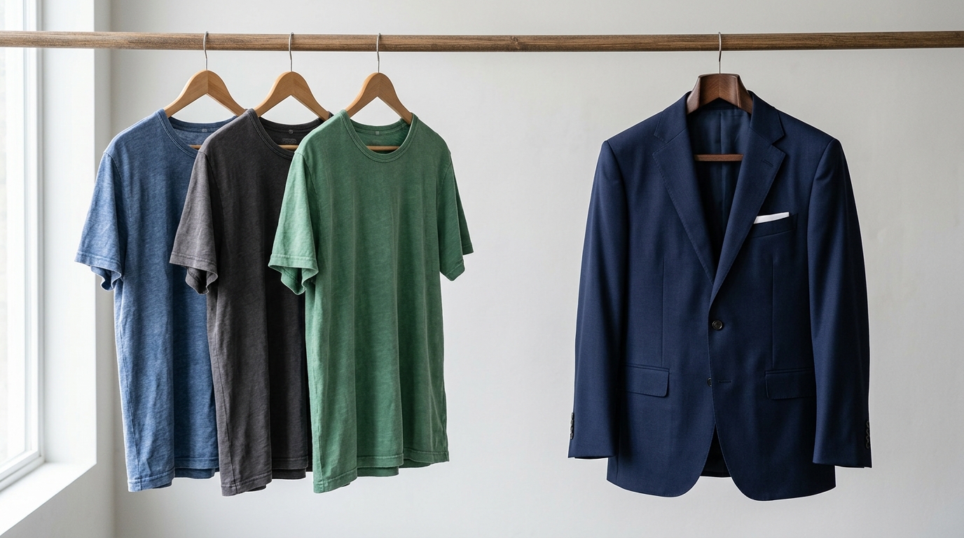 Side by side garment comparison of cotton washing vs suit dry cleaning