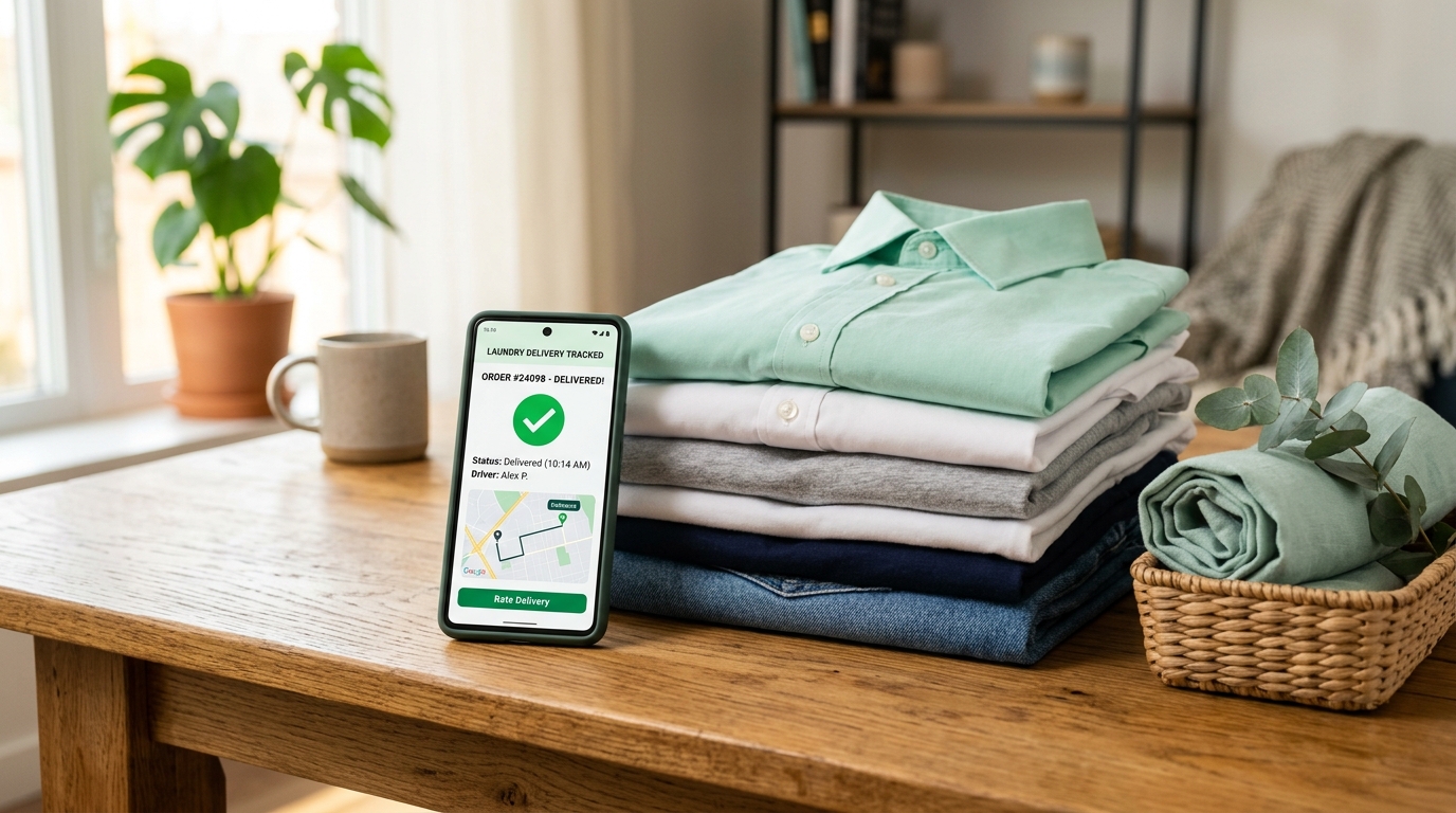 Reliable laundry service with order tracking smartphone app and folded clothes