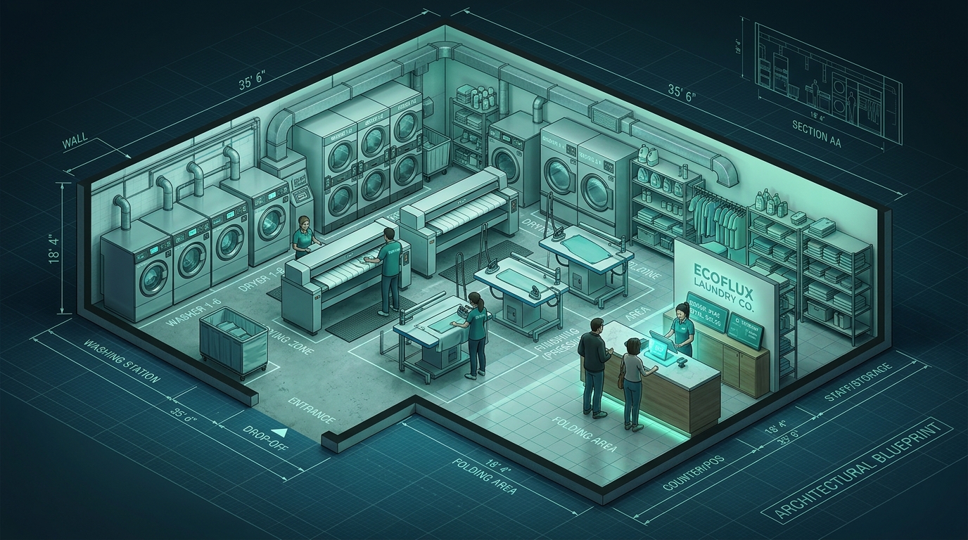 Blueprint layout and equipment setup for starting a laundry business in India